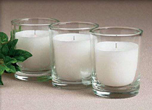 10 White Wax Clear Glass Holder Votive Candle - Wedding Event Centrepiece Table Decoration - One Oasis