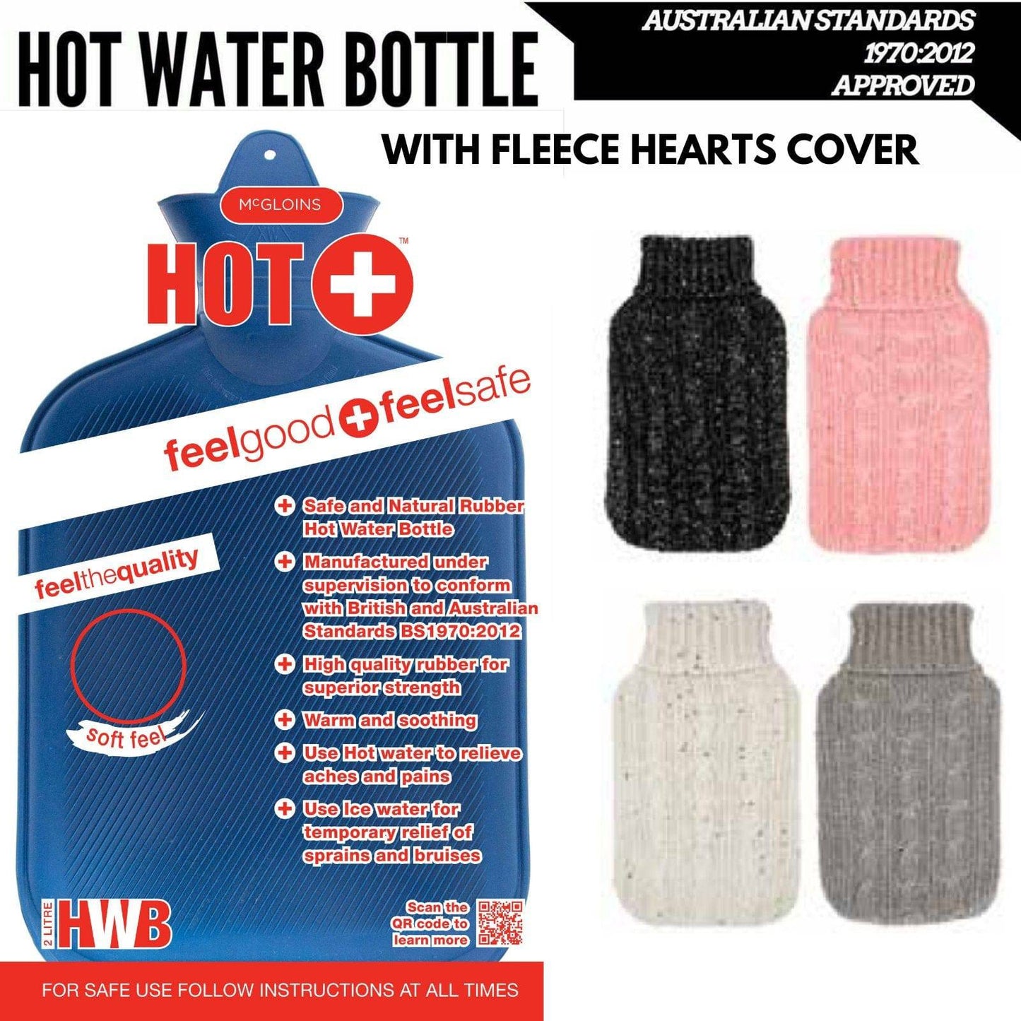 2L HOT WATER BOTTLE with Knit Sparkles Cover Winter Warm Natural Rubber Bag - One Oasis