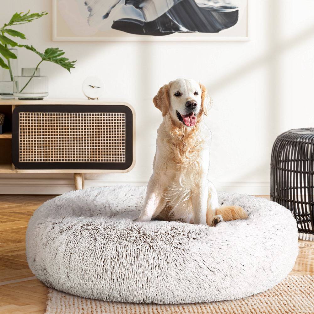 i.Pet Dog/Cat Bed 90cm Large Calming Soft Plush White Brown - One Oasis