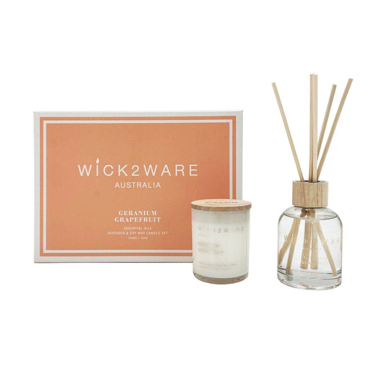 Wick2Ware Australia Geranium Grapefruit Essential Oils Diffuser and Soy Wax Candle Set - One Oasis