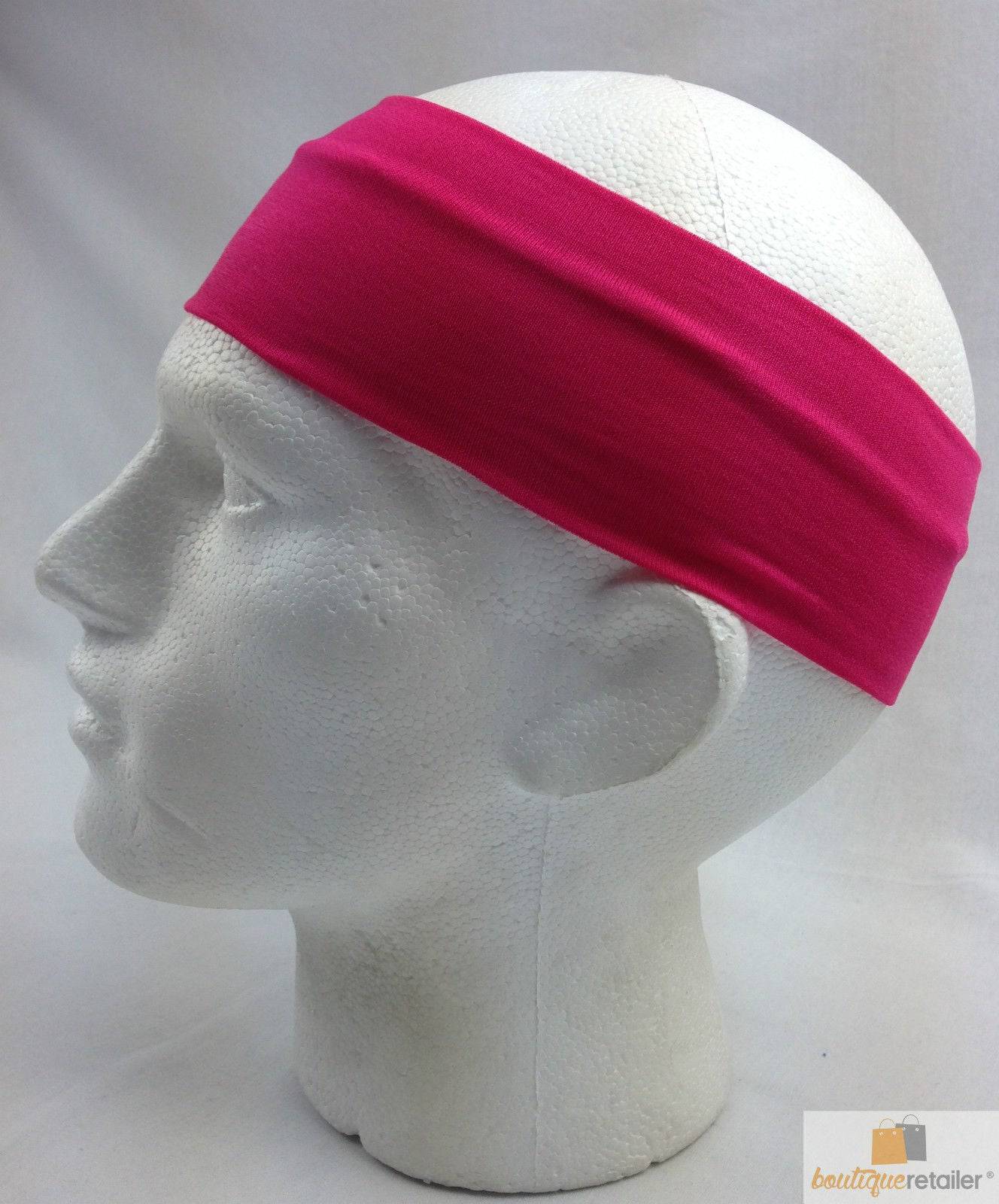 PLAIN HEADBAND Elastic Stretch Sports Yoga Hair Band Unisex 8cm Wide Wrap - Hot Pink - One Oasis