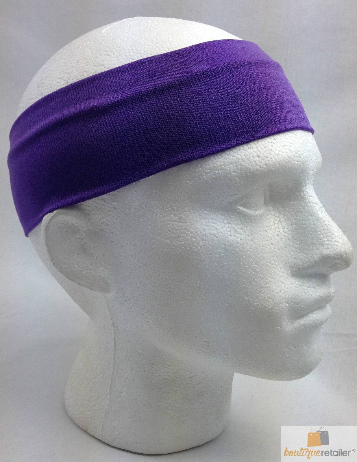 PLAIN HEADBAND Elastic Stretch Sports Yoga Hair Band Unisex 8cm Wide Wrap - Purple - One Oasis