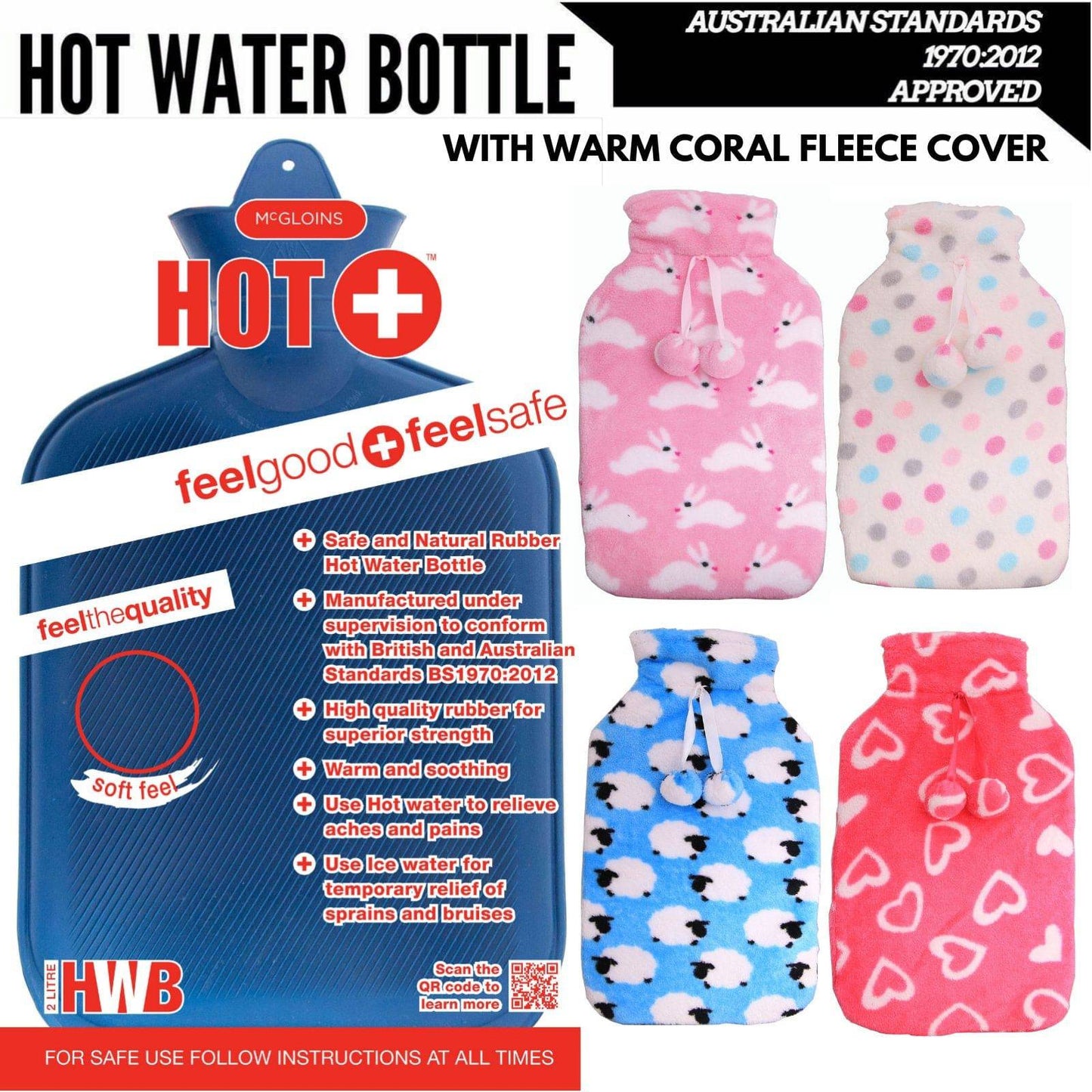 2L HOT WATER BOTTLE with Coral Fleece Cover Winter Warm Natural Rubber Bag - One Oasis