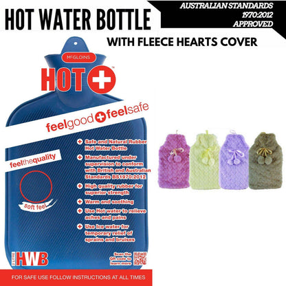 2L HOT WATER BOTTLE with Hearts Fleece Cover Winter Warm Natural Rubber Bag - One Oasis