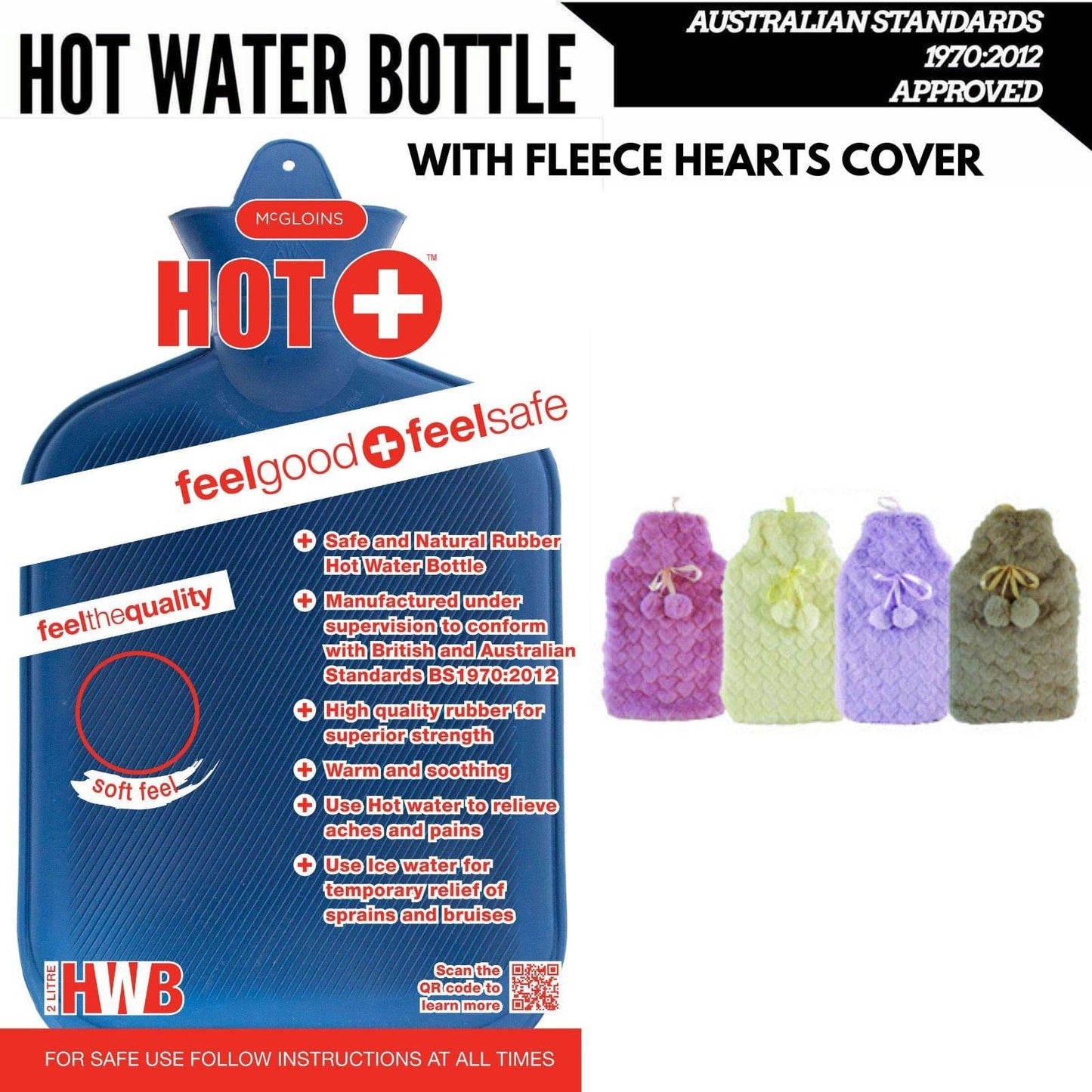 2L HOT WATER BOTTLE with Hearts Fleece Cover Winter Warm Natural Rubber Bag - One Oasis