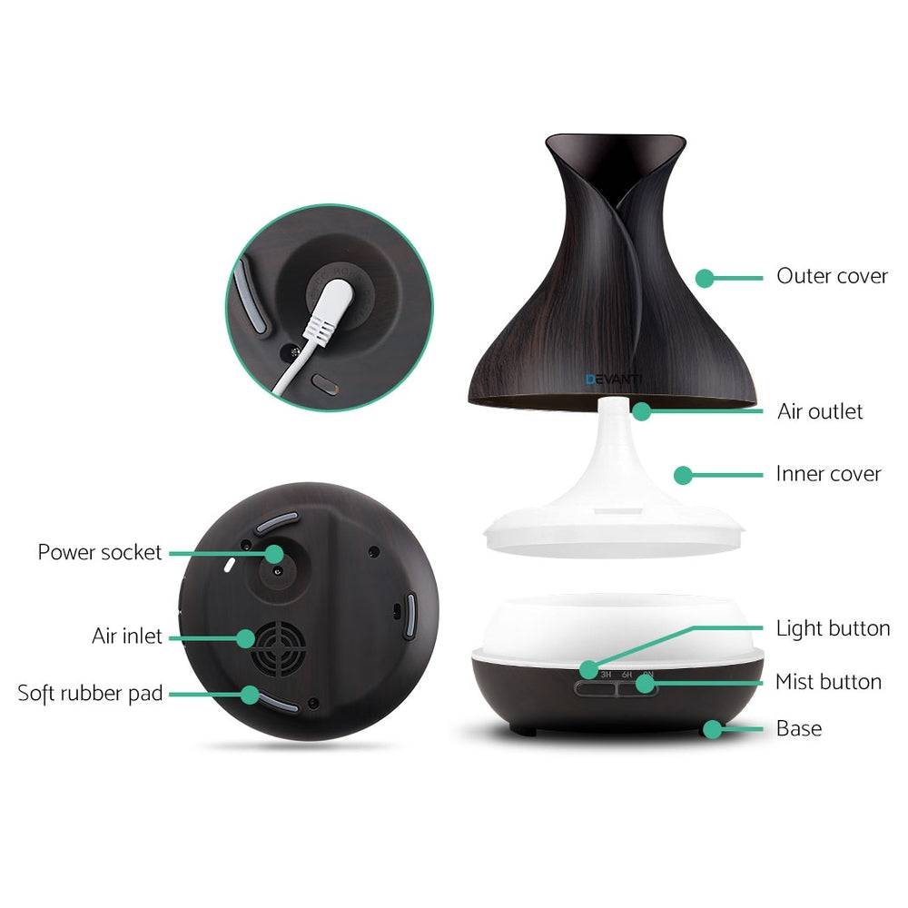 Devanti Aroma Diffuser Aromatherapy Dark Wood 400ml - One Oasis