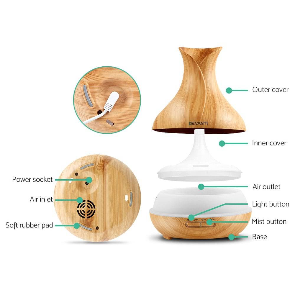 Devanti Aroma Diffuser Aromatherapy Light Wood 400ml - One Oasis