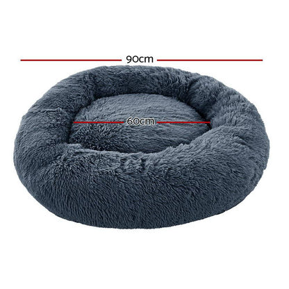 i.Pet Dog/Cat Bed 90cm Large Calming Soft Plush Bed Dark Grey - One Oasis