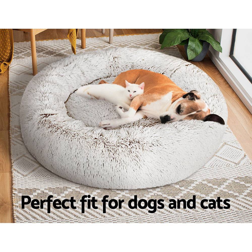 i.Pet Dog/Cat Bed 90cm Large Calming Soft Plush White Brown - One Oasis