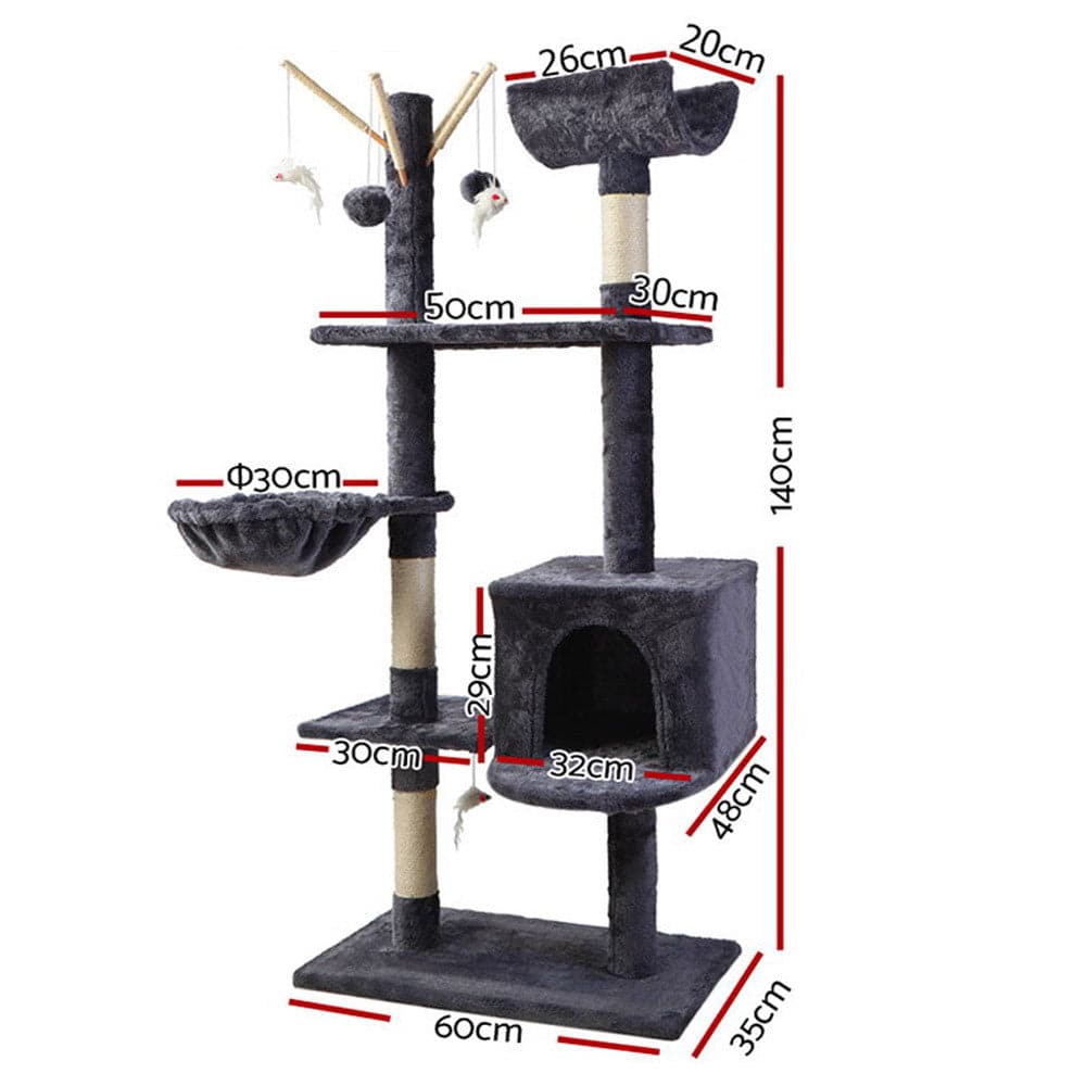 i.Pet Cat Tree 140cm Tower Scratching Post Grey - One Oasis