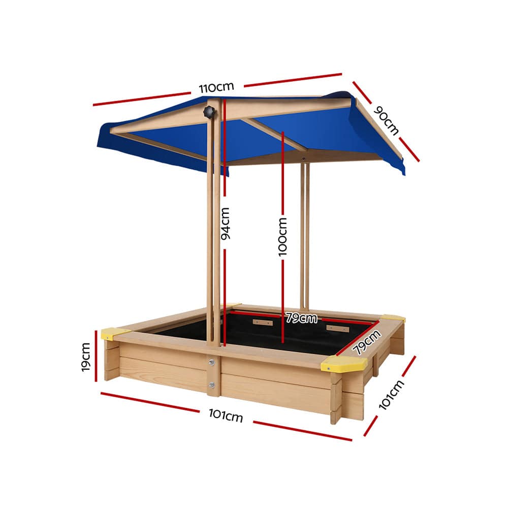 Keezi Kids Sandpit Wooden Sandbox Sand Pit with Canopy Bench Seat Toys 101cm - One Oasis