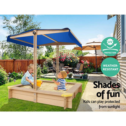 Keezi Kids Sandpit Wooden Sandbox Sand Pit with Canopy Bench Seat Toys 101cm - One Oasis