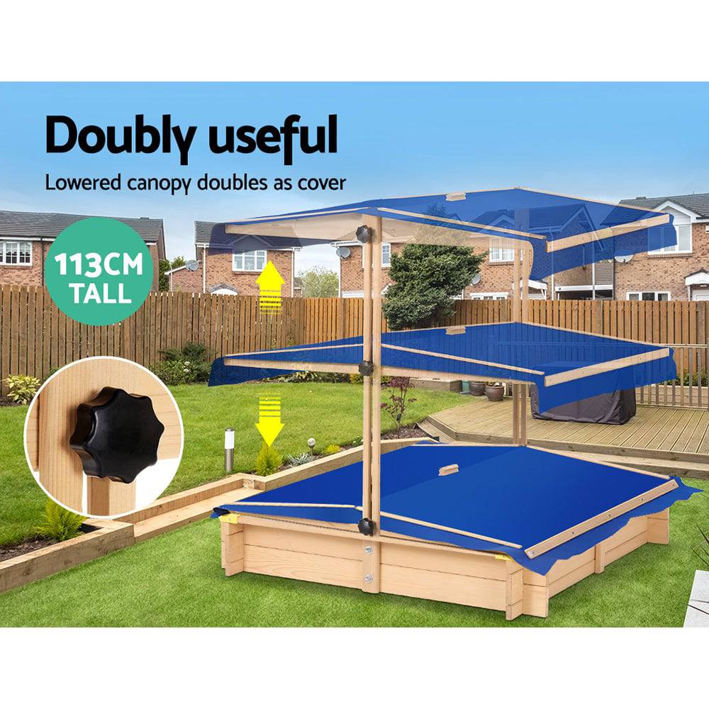 Keezi Kids Sandpit Wooden Sandbox Sand Pit with Canopy Bench Seat Toys 101cm - One Oasis