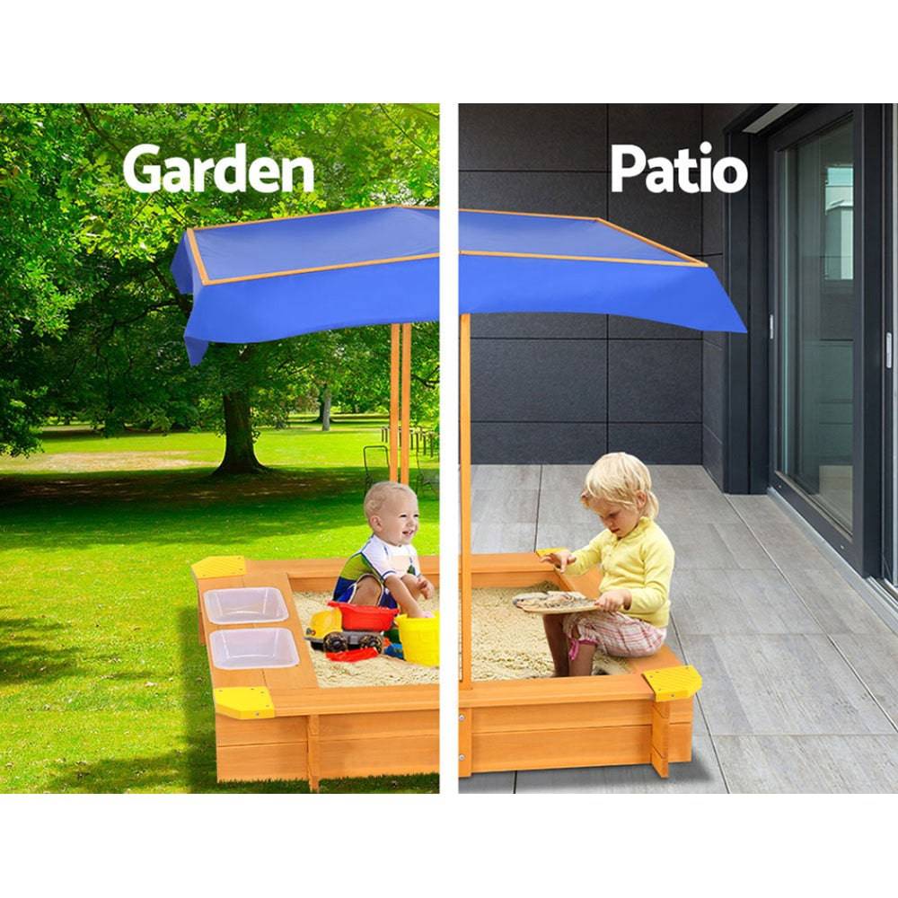 Keezi Kids Sandpit Wooden Sandbox Sand Pit with Canopy Water Basin Toys 103cm - One Oasis