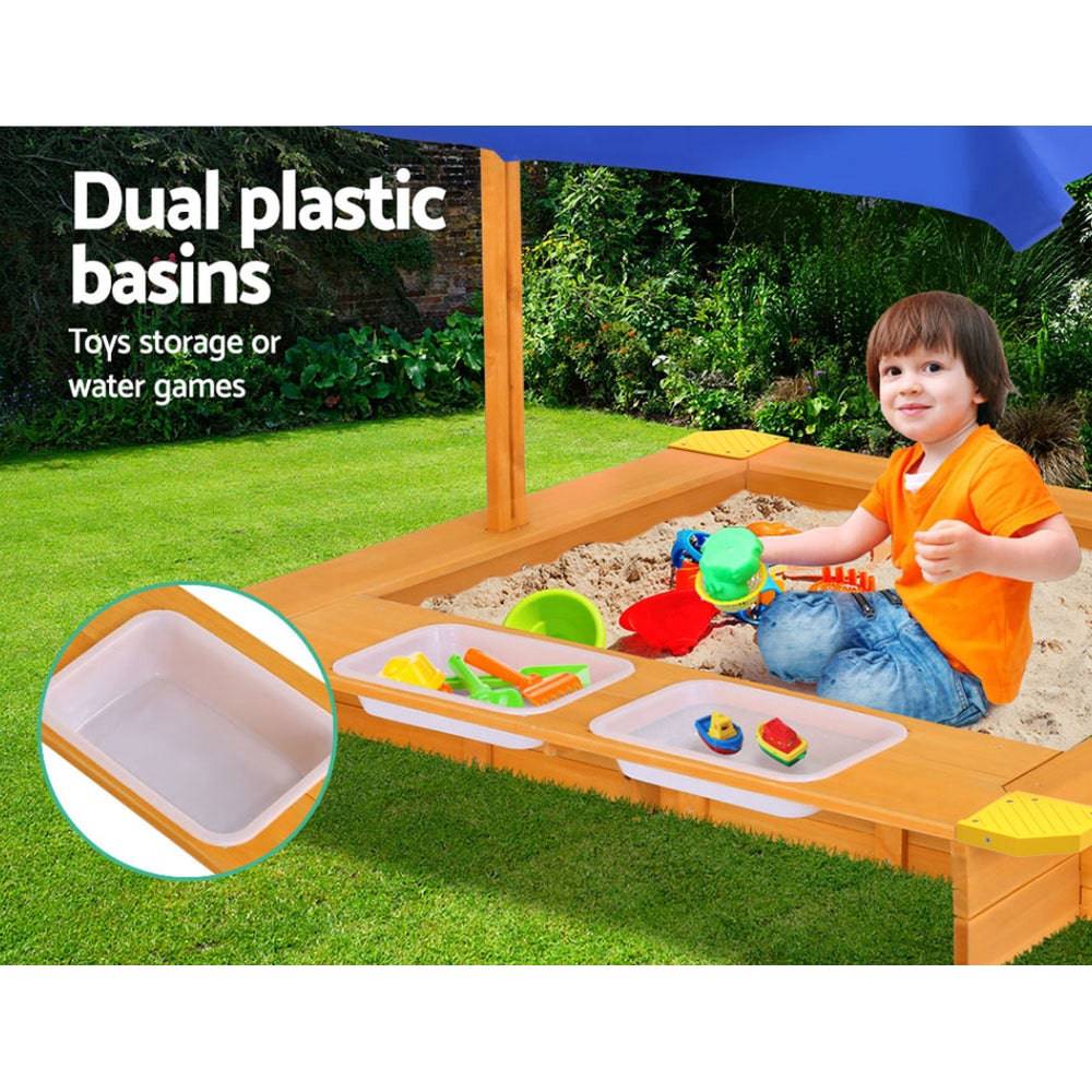 Keezi Kids Sandpit Wooden Sandbox Sand Pit with Canopy Water Basin Toys 103cm - One Oasis