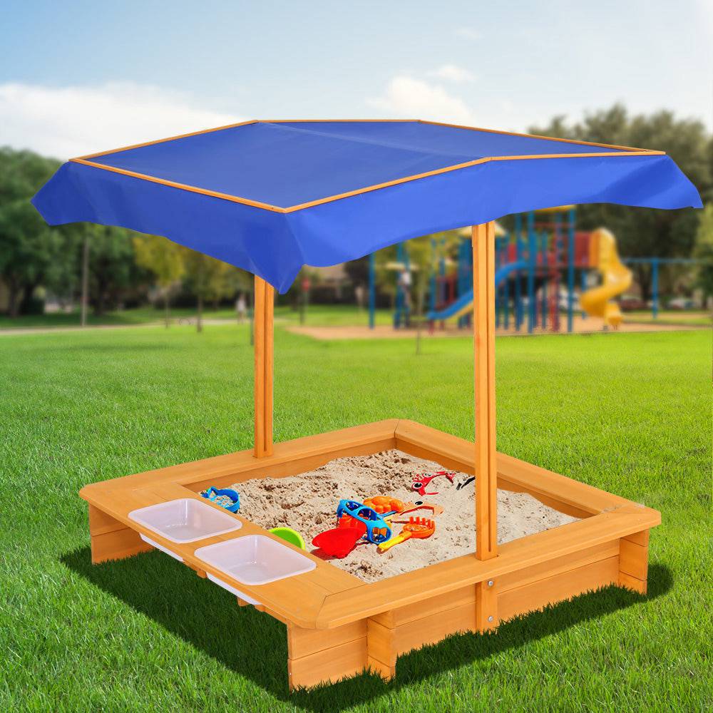 Keezi Kids Sandpit Wooden Sandbox Sand Pit with Canopy Water Basin Toys 103cm - One Oasis