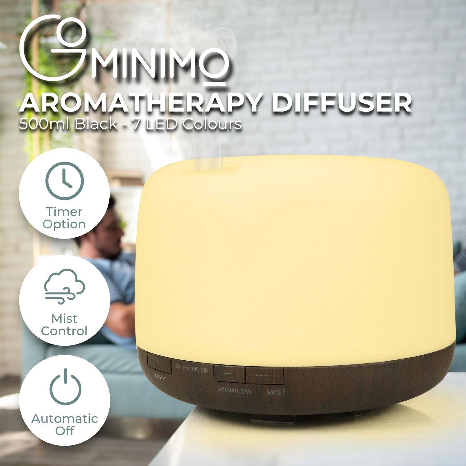GOMINIMO 5 in1 LED Aromatherapy Essential Oil Diffuser 500ml (Dark Wood Base) - One Oasis