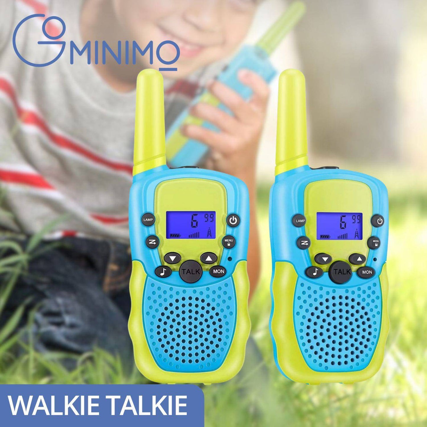 GOMINIMO 2 Pack Walkie Talkies for Kids with 40 Channels & LED Flashlight & LCD Screen (Blue and Green) - One Oasis