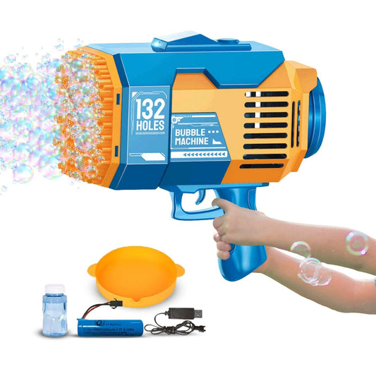 GOMINIMO 132 Holes Rechargeable Bubbles Machine Gun for Kids (Orange and Blue) - One Oasis
