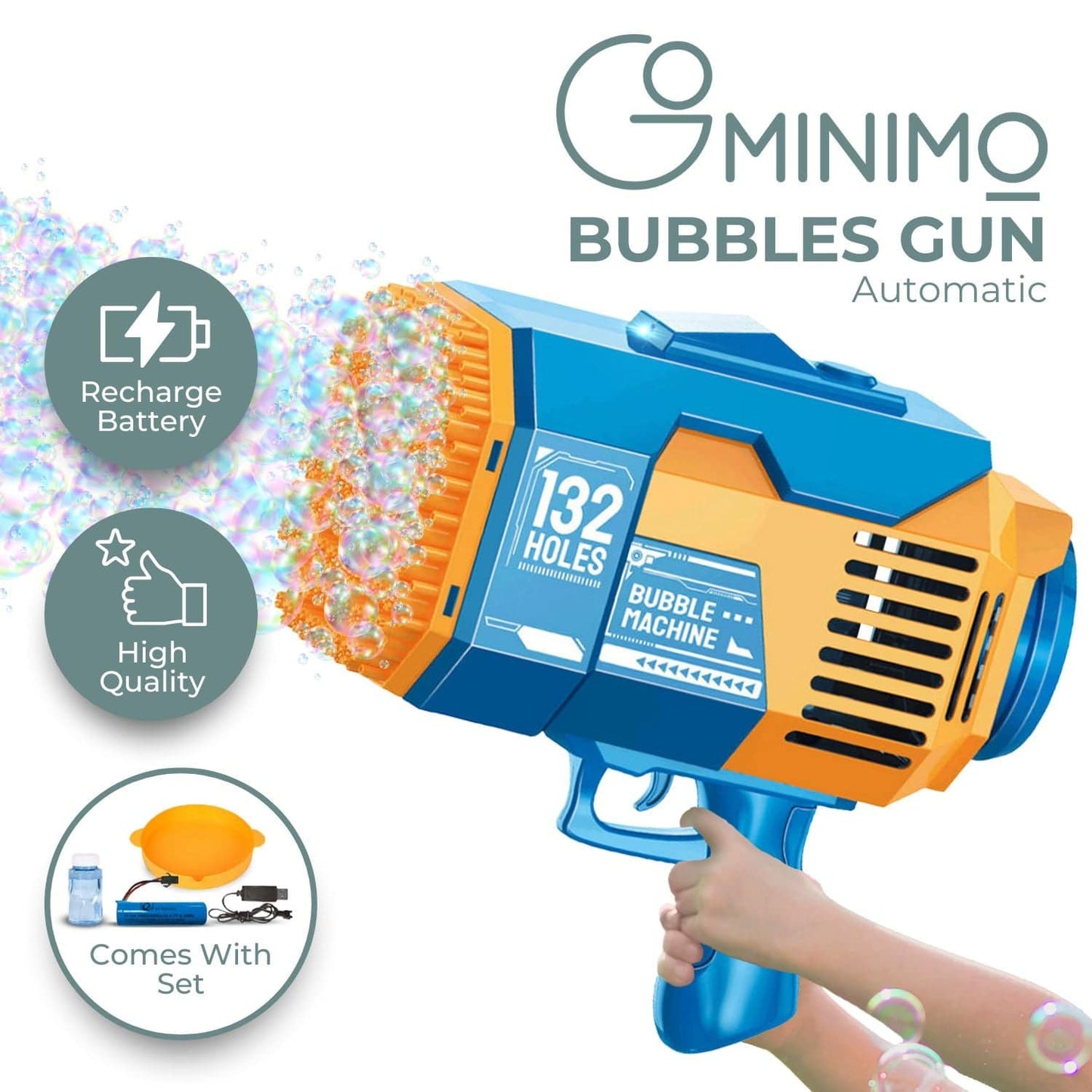 GOMINIMO 132 Holes Rechargeable Bubbles Machine Gun for Kids (Orange and Blue) - One Oasis