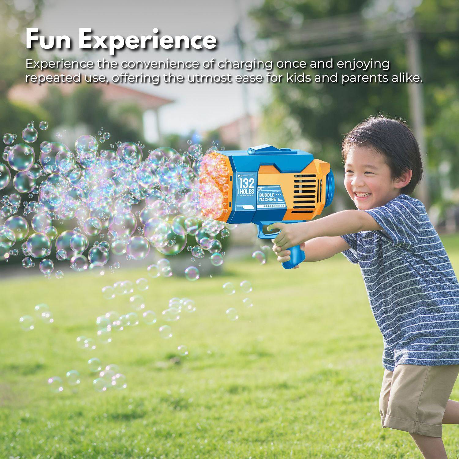 GOMINIMO 132 Holes Rechargeable Bubbles Machine Gun for Kids (Orange and Blue) - One Oasis