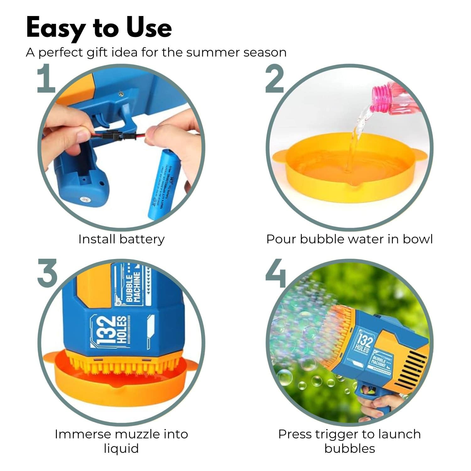 GOMINIMO 132 Holes Rechargeable Bubbles Machine Gun for Kids (Orange and Blue) - One Oasis