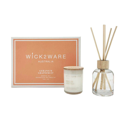 Wick2Ware Australia Geranium Grapefruit Essential Oils Diffuser and Soy Wax Candle Set - One Oasis