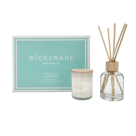 Wick2Ware Australia Sea salt and Pomelo Essential Oils Diffuser and Soy Wax Candle Set - One Oasis