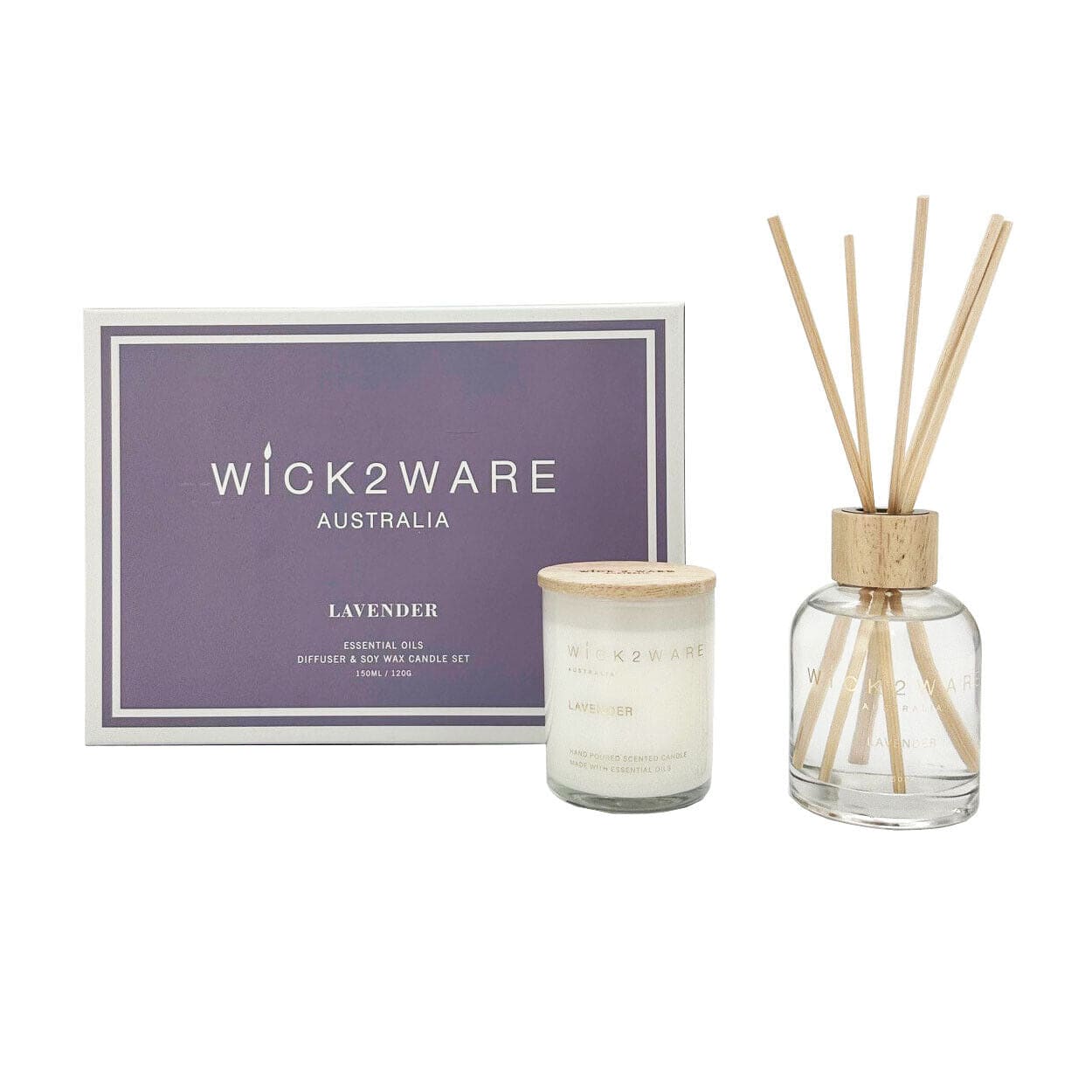 Wick2Ware Australia Lavender Essential Oils Diffuser and Soy Wax Candle Set - One Oasis
