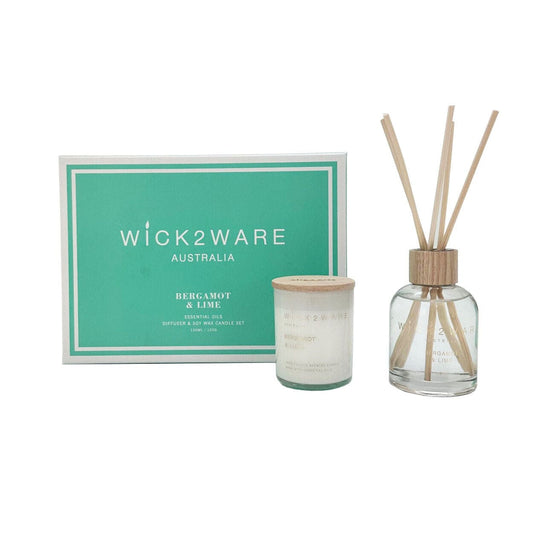 Wick2Ware Australia Bergamot and Lime Essential Oils Diffuser and Soy Wax Candle Set - One Oasis