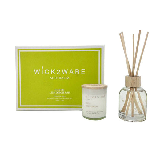 Wick2Ware Australia Fresh Lemongrass Essential Oils Diffuser and Soy Wax Candle Set - One Oasis