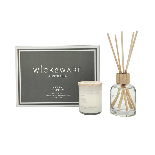 Wick2Ware Australia Clean Cotton Essential Oils Diffuser and Soy Wax Candle Set - One Oasis