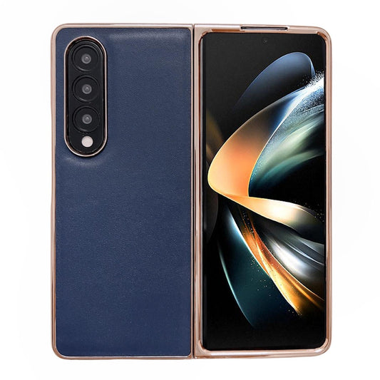 For Samsung Galaxy Z Fold4 5G Xiaoya Series Genuine Leather Plating Case - Blue