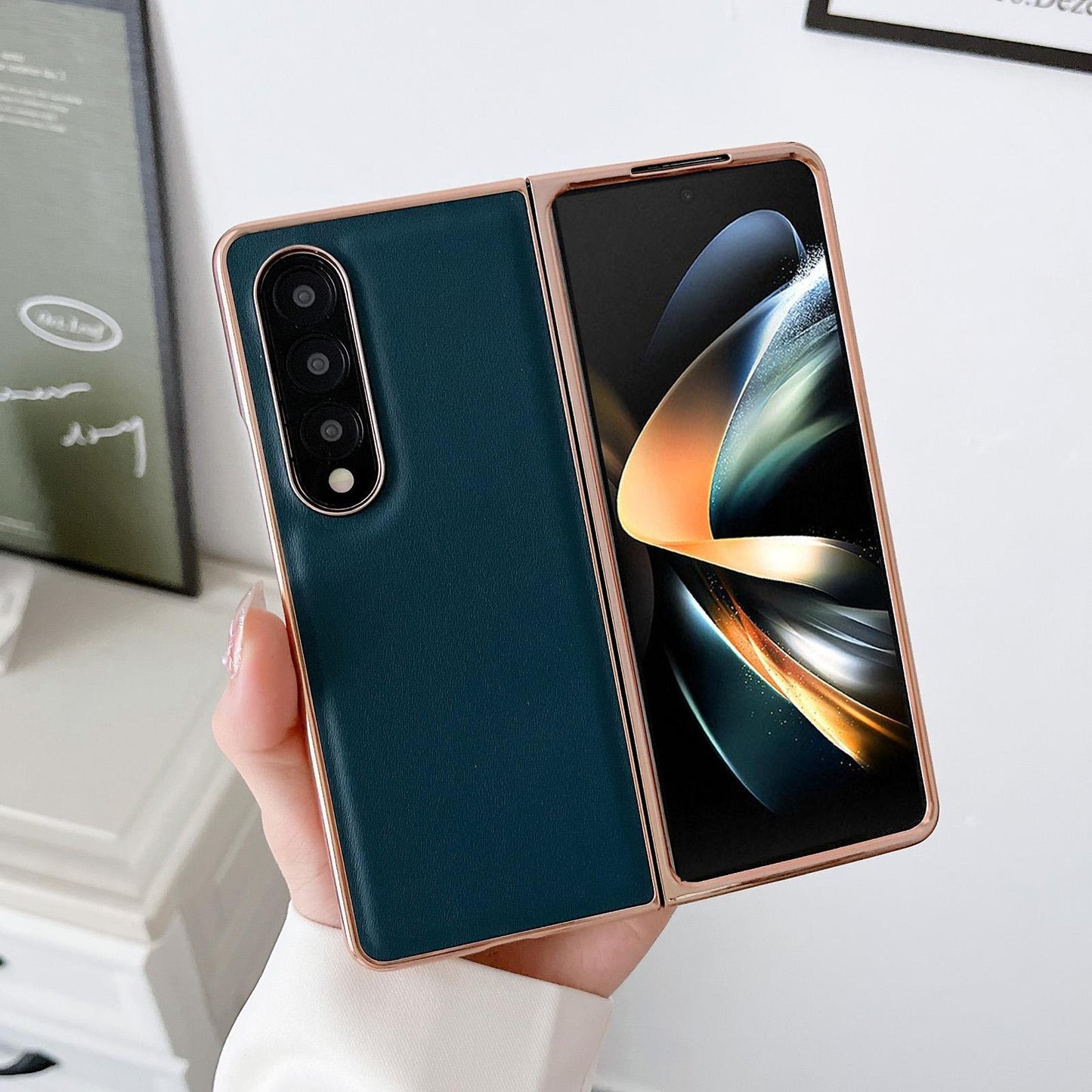 For Samsung Galaxy Z Fold4 5G Xiaoya Series Genuine Leather Plating Case - Blue