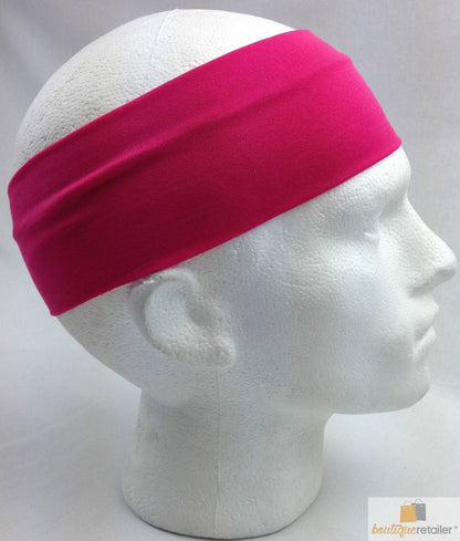 PLAIN HEADBAND Elastic Stretch Sports Yoga Hair Band Unisex 8cm Wide Wrap - Hot Pink - One Oasis