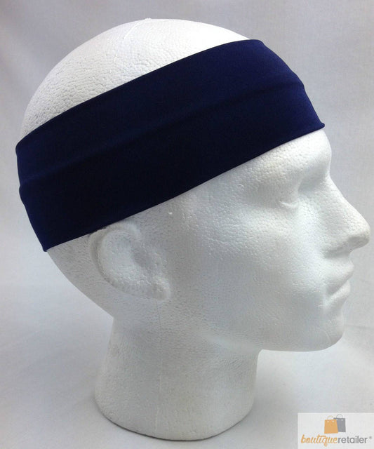 PLAIN HEADBAND Elastic Stretch Sports Yoga Hair Band Unisex 8cm Wide Wrap - Navy Blue - One Oasis
