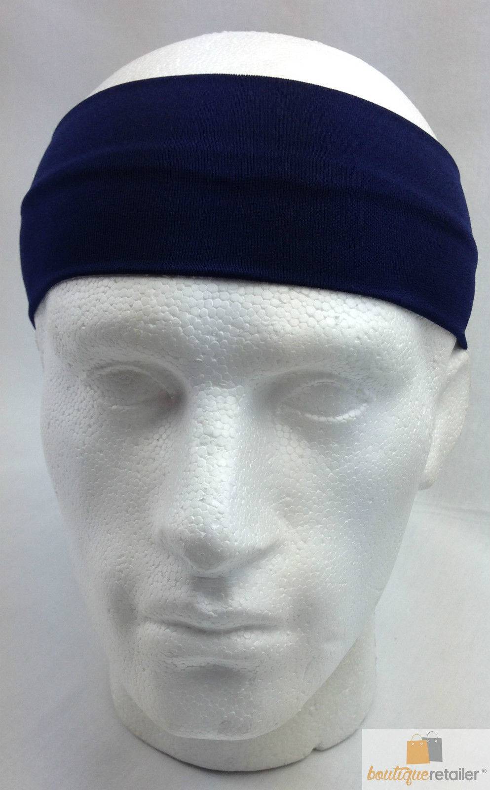 PLAIN HEADBAND Elastic Stretch Sports Yoga Hair Band Unisex 8cm Wide Wrap - Navy Blue - One Oasis