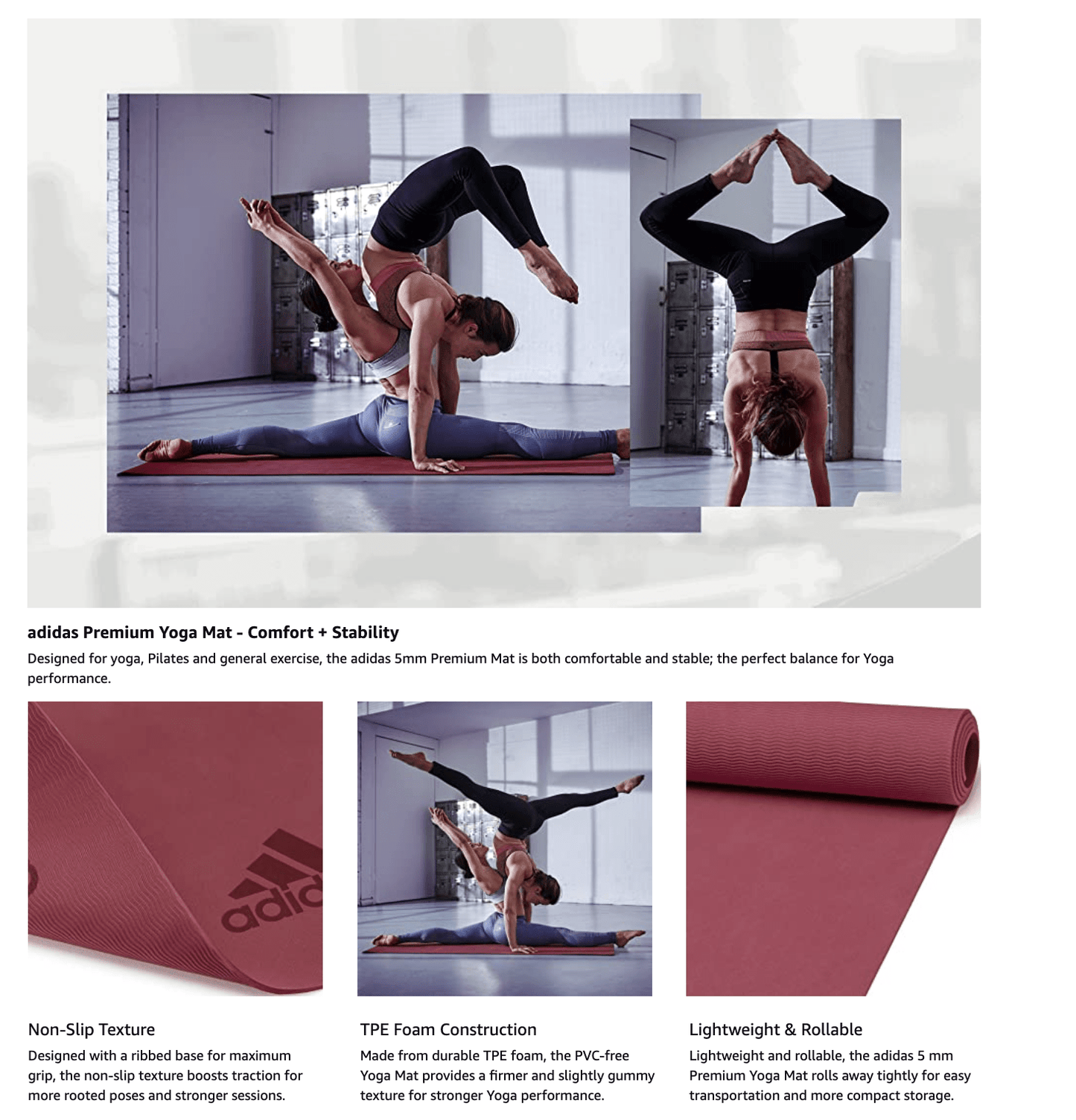 Adidas Premium Yoga Mat 5mm Exercise Gym Fitness Pilates - Mystery Ruby - One Oasis