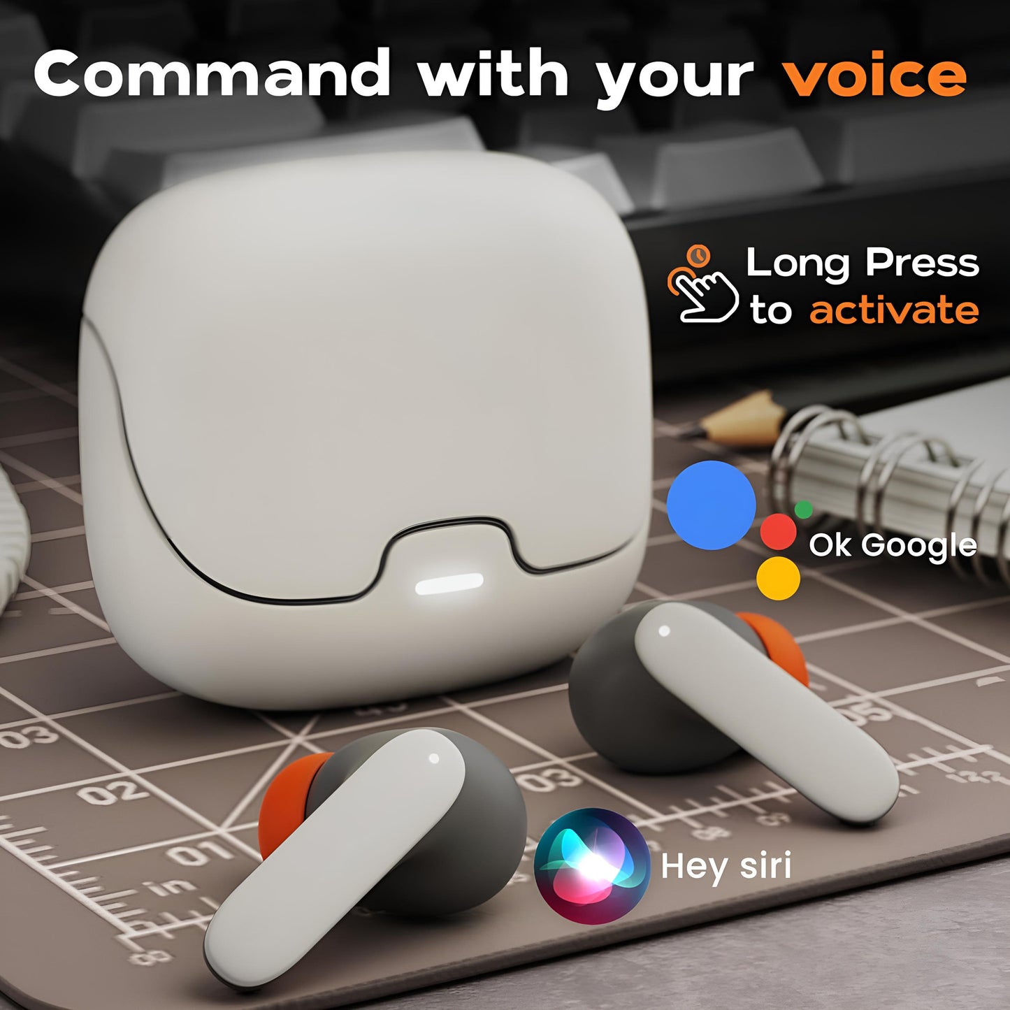 TWS Earbuds with Quad Mic Noise Cancellation - 100H Playtime, Bluetooth 5.3, 45ms Low Latency & Fast Charge(beige)