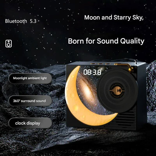Retro Vinyl Bluetooth Speaker with Moon Ambient Light, Clock & 360 Surround Sound(black)