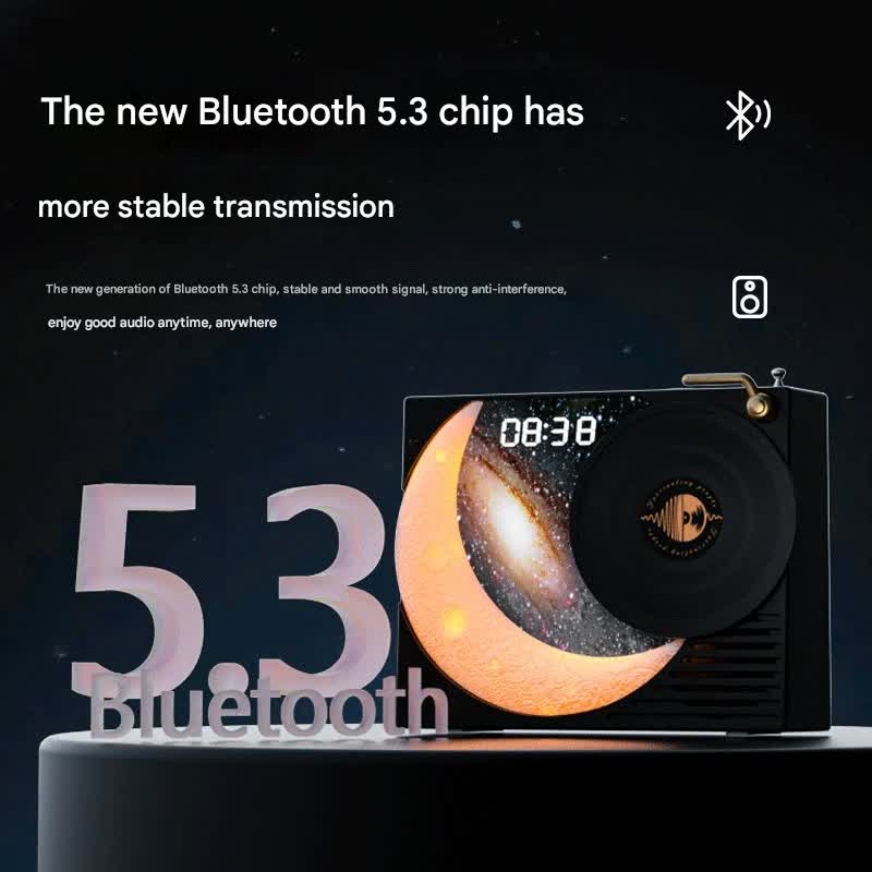 Retro Vinyl Bluetooth Speaker with Moon Ambient Light, Clock & 360 Surround Sound(black)