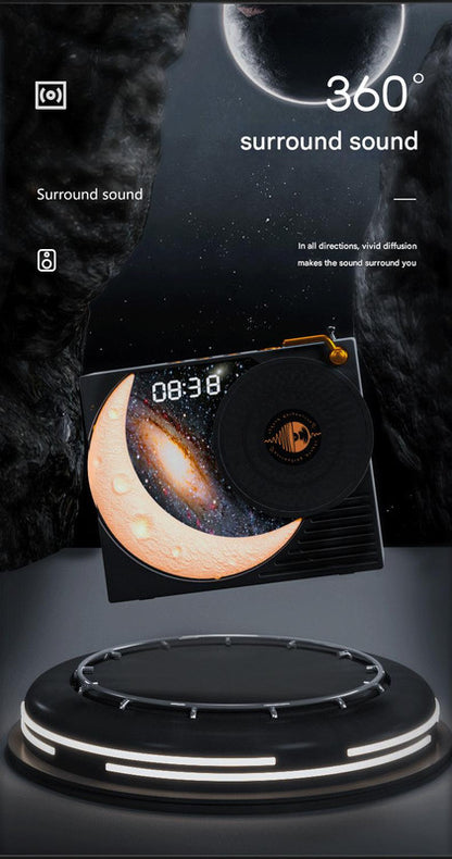 Retro Vinyl Bluetooth Speaker with Moon Ambient Light, Clock & 360 Surround Sound(black)