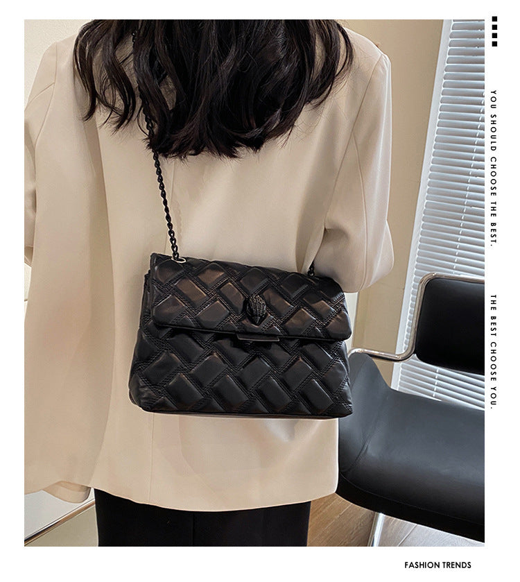 Black Chic Quilted Crossbody Bag for Women - PU Leather Diamond Pattern Chain Strap Shoulder Purse with Elegant Clasp