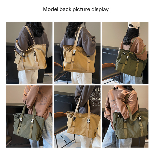 Khaki Women's Large Capacity Nylon Tote Bag - Stylish Casual Shoulder & Crossbody Bag with Detachable Pouch